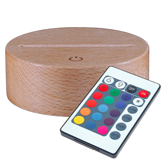Ronde massief houten sokkel 7 kleuren met touch-bediening (23€)